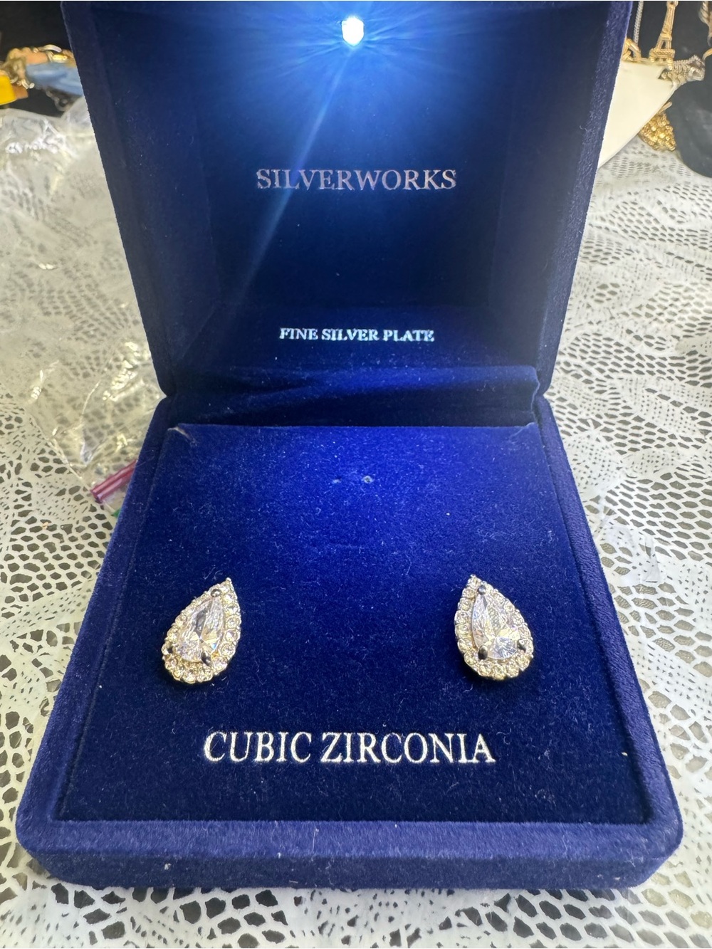 White Cubic Zirconia Teardrop Stud Earrings